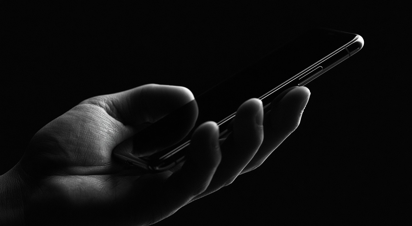 A hand holding a phone in low light