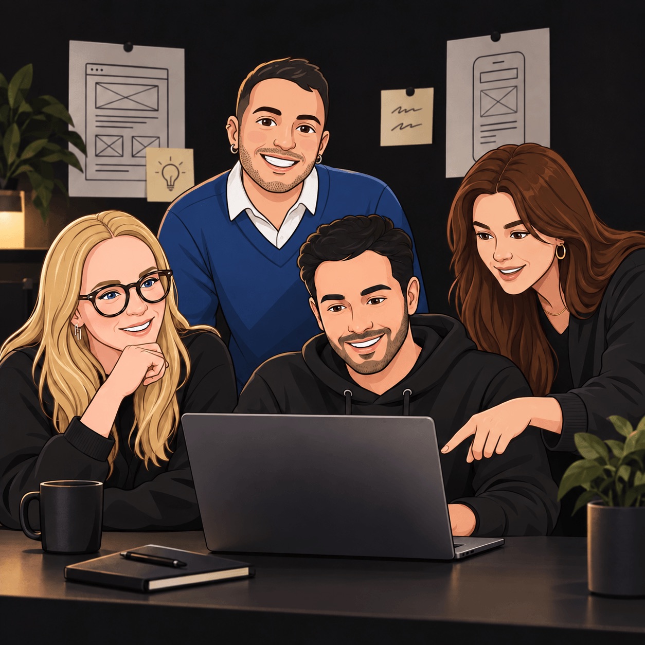 Illustration of the Denali Digital team gathered around a laptop